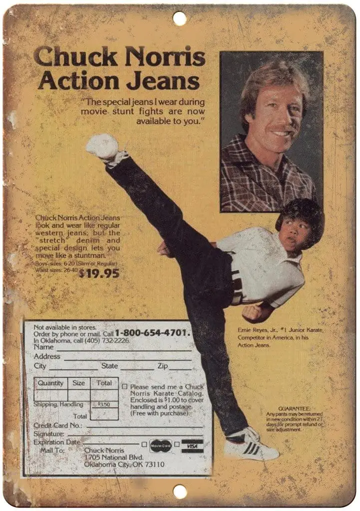 

Chuck Norris Action Jeans Vinate Karate 10" x 7" Reproduction Metal Sign X54