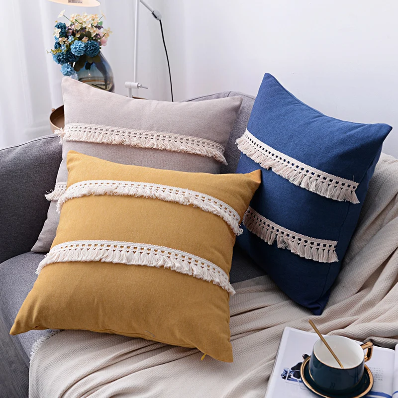 

Cotton Linen Pillow Cover Yellow Grey Blue Cushion Cover 45x45cm/30x50cm Tassels Decorative Pillows Sofa Living Room Home Decor