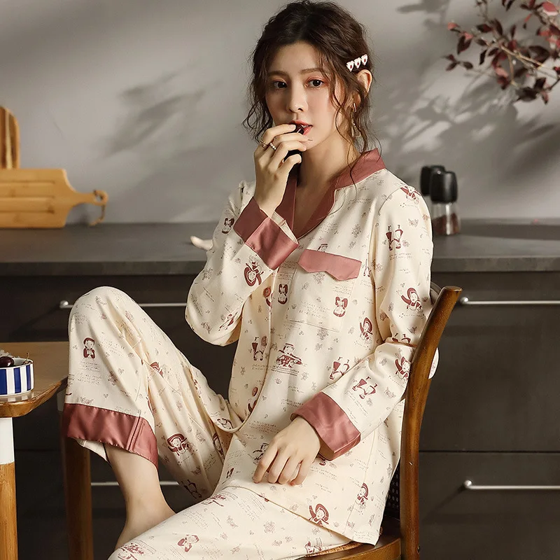 

Pyama Woman Set Autumn Ice Silk Stitching Comfortable Cotton Pajamas Long-sleeved Angel Print Home Clothes Satin Pyjamas Women