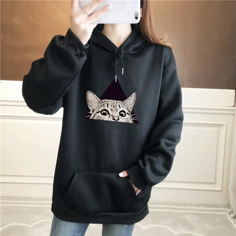 

Fleece Hoodies Women Sweatshirts Autumn Winter Fashion 2021 Oversize Ladies Pullovers Cat Print Warm Pocket Hooded Jacket