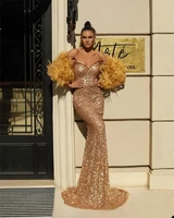 gold designer mermaid evening dresses feather sleeve glitter sequins beads luxury formal prom dress custom made robe de soriee