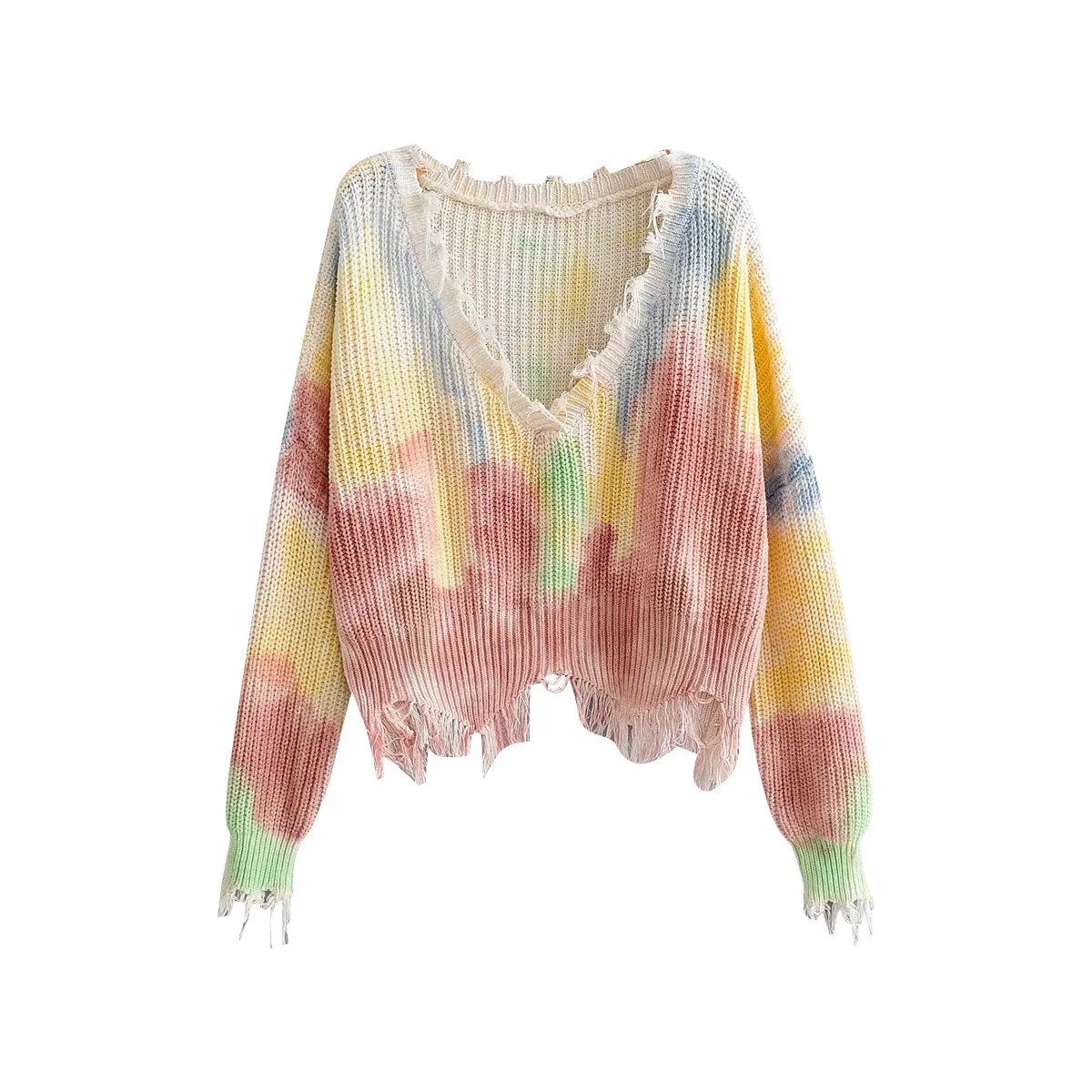 

Print Tie Dye Sweater For Women V Neck Long Sleeve Patchwork Tassel Casual Sweaters Female Fashion New Clothing