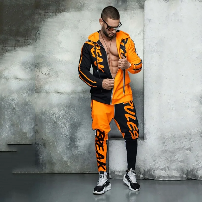 

Tracksuit Men Set 2021 Men's Sports Suit Hooded Lettering Colorblock Individuality Hip Hop Zip Cardigan Men's Sports Suit