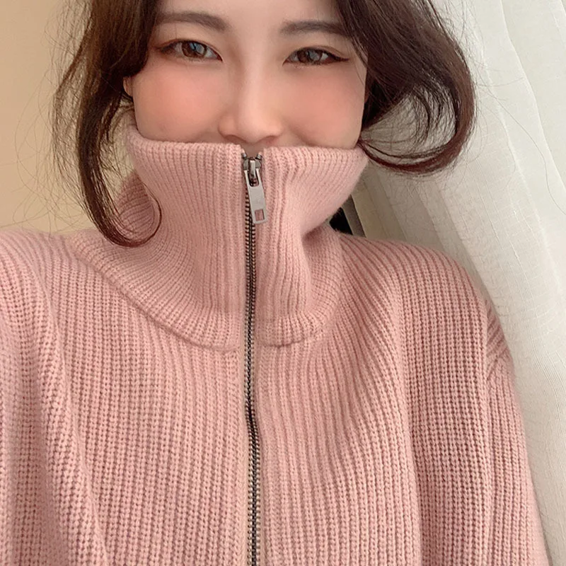 

Women Stand Up Collar Sweater Lady Autumn Winter Korean Casual Knitted Pullovers Straight Tops Female Knitting Solid Streetwear
