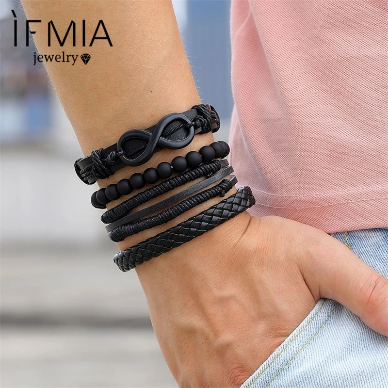 

IFMIA Infinity Black Beads Charm Link Alloy Handmade Woven Men Leather Bracelets Women Vintage Bangle Jewelry Male Accessories