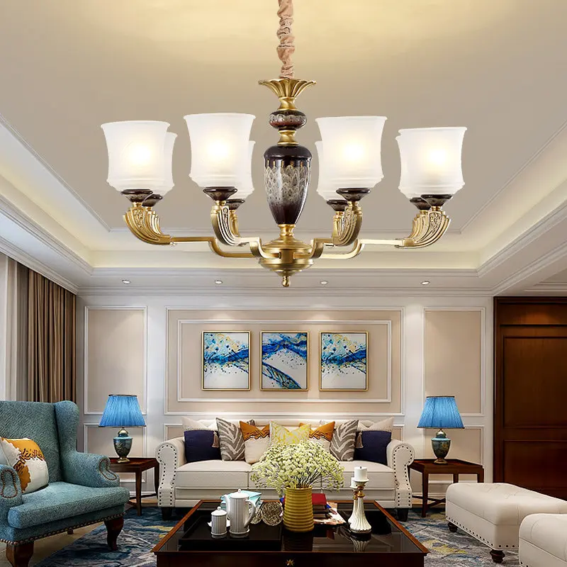 

American Copper Base Ceramic Chandelier High Grade Living Room Bedroom Dining Room Villa Glass Lamp