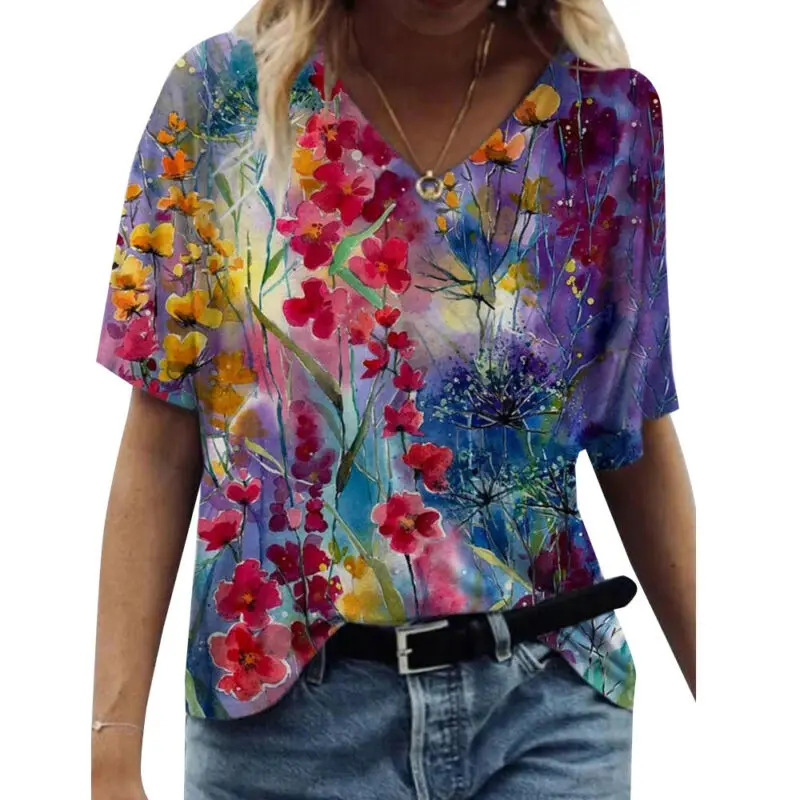 

Women Tops Fashion Women Clothing Short Sleeve Summer T Shirt Floral Printed V-Neck Casual Tops Shirts for Women