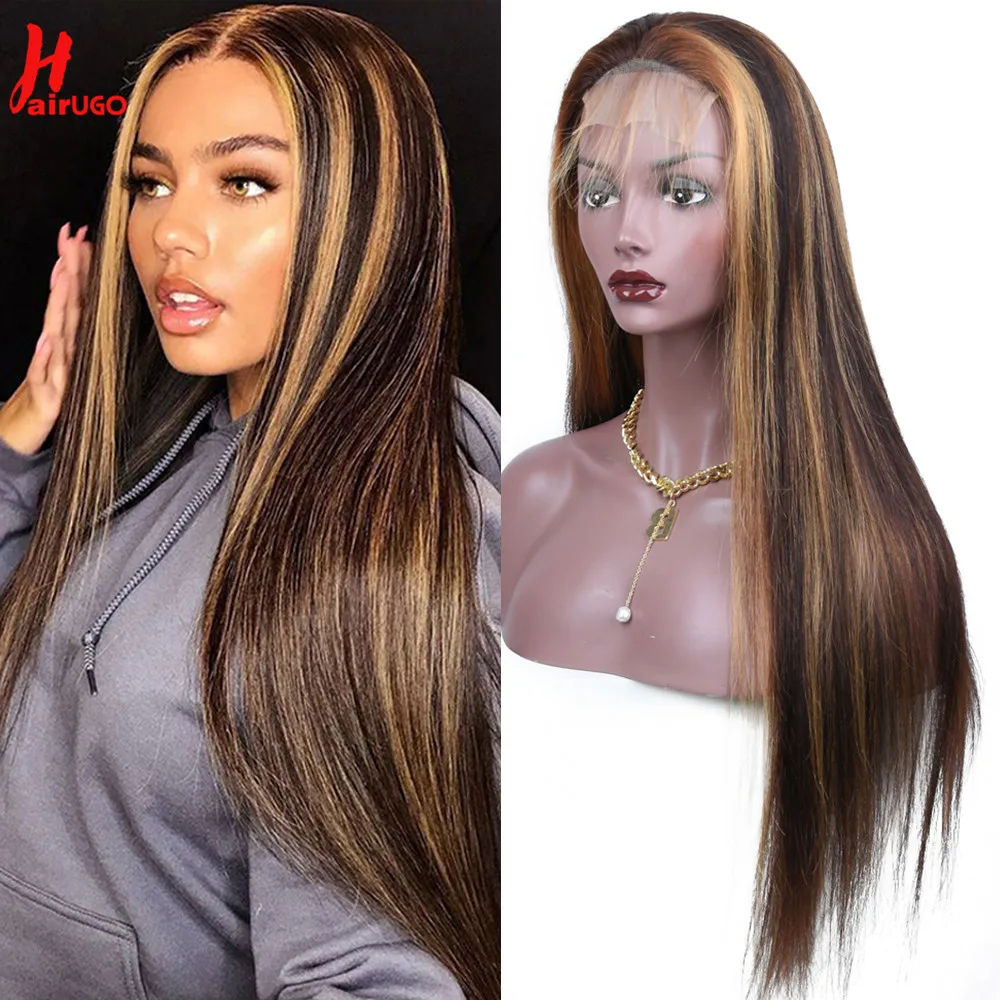 

HairUGo P4/27 Highlight Straight Lace Closure Human Hair Wig 150% Density With Baby Hair Brazilian 8-28'' Remy Wig Pre Plucked
