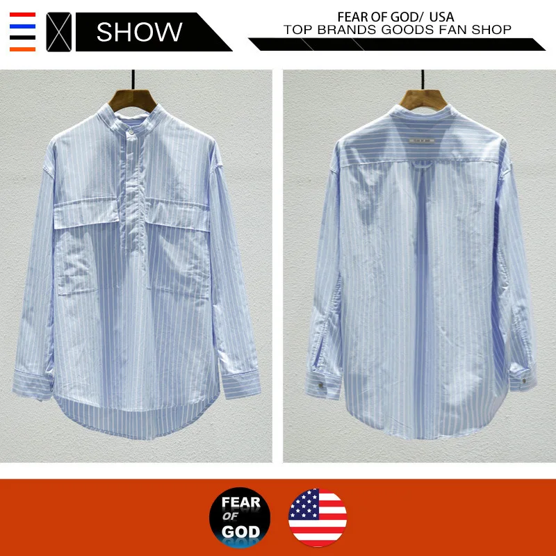 

Feel of God long sleeve fog striped cotton Oxford half button shirt