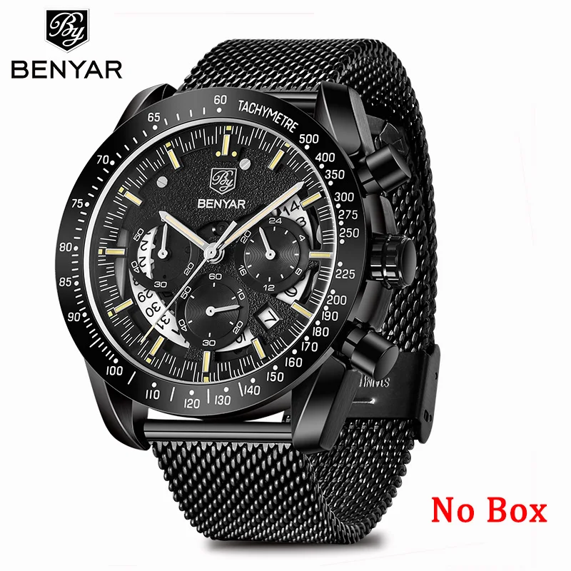 Black Yellow No Box BENYAR мужские часы Топ бренд Роскошные часы кварцевые военные наручные часы мужские часы хронограф бизнес часы Relogio Masculino - Цвет: Black Yellow No Box