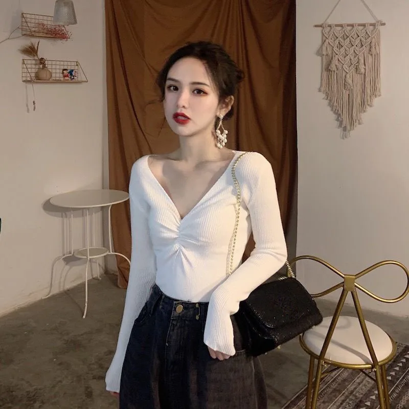 

Lucyever Fashion V Neck Knitting Sweaters Women 2022 Spring Korean Solid Bottoming Sweater Woman Long Sleeve Soft Female Tops