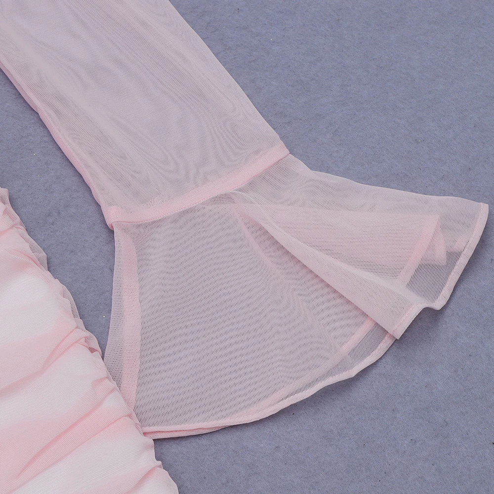 

2020 New Fashion Square Neck Flare Long Sleeve Bodycon Bandage Dress Elegant Pink Mesh Celebrity Party Mini Dress Vestido