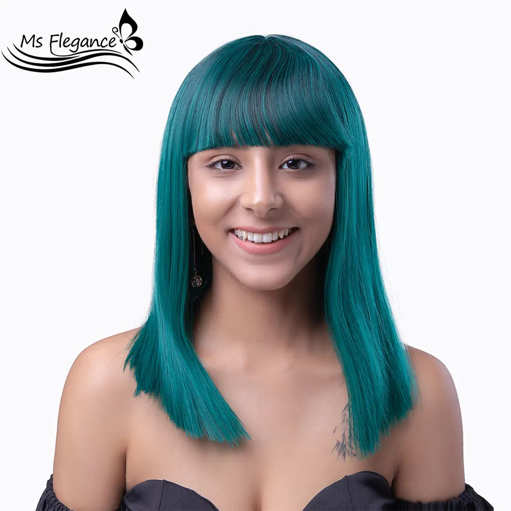 MS FLEGANCE зеленый прямой боб парики с челкой синтетический парик для женщин короткие парики прямой боб парик фиолетовый черный косплей парик от AliExpress WW