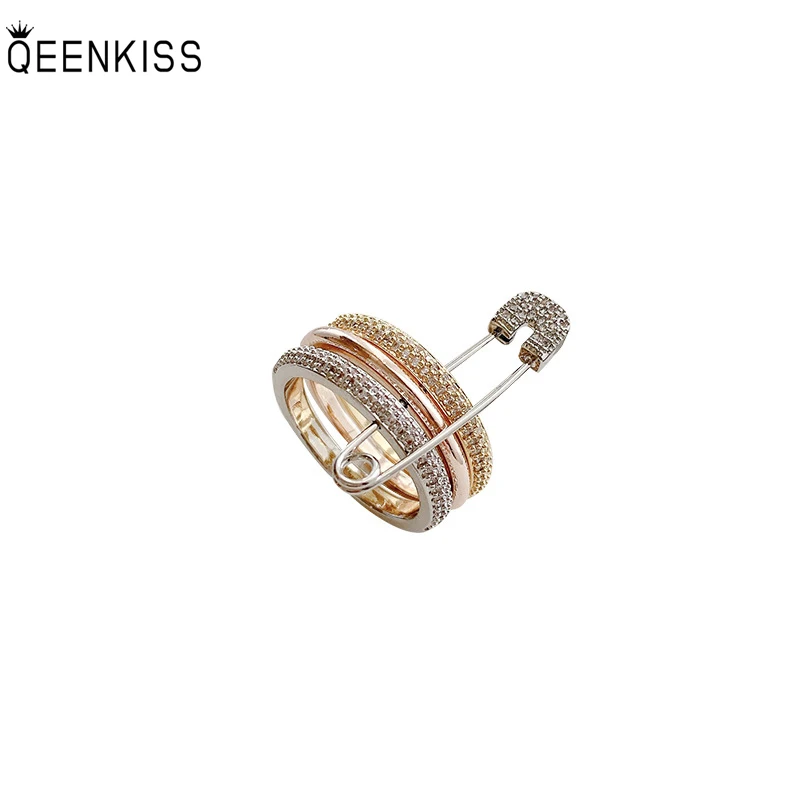 

QEENKISS RG705 Fine Jewelry Wholesale Fashion Trendy Woman Girl Birthday Wedding Gift Clip Circle Open AAA Zircon 18KT Gold Ring