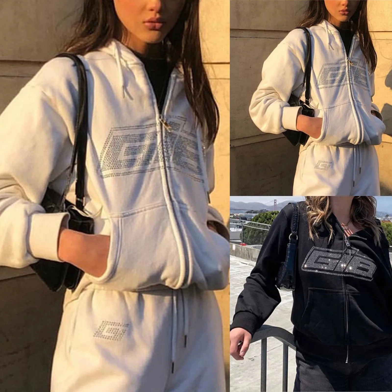 Korean Fashion Hoodies for Women 2021 Rhinestone Letter Print Long Sleeve Sweatshirt Hoodis Zipper Autumn Loose Women Sweetshirt