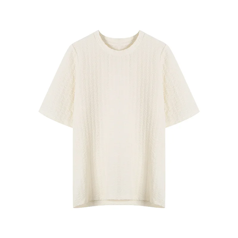

2021 New Summer Pleated T Shirt Woman Pullover Solid Mid Sleeve Loose Diamond Fold Design Simple Wild Casual Stretch T-shirt