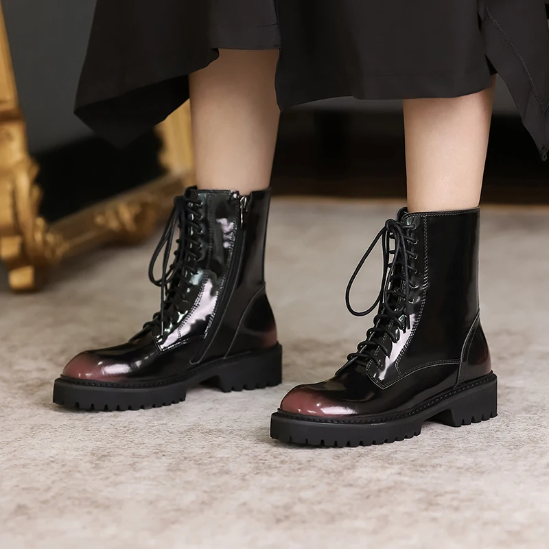 spesifikasi Ukuran 34-40 Kulit Asli Wanita Musim Gugur Boots Wanita Chunky Hak Square Paten But Kulit Baru Kedatangan