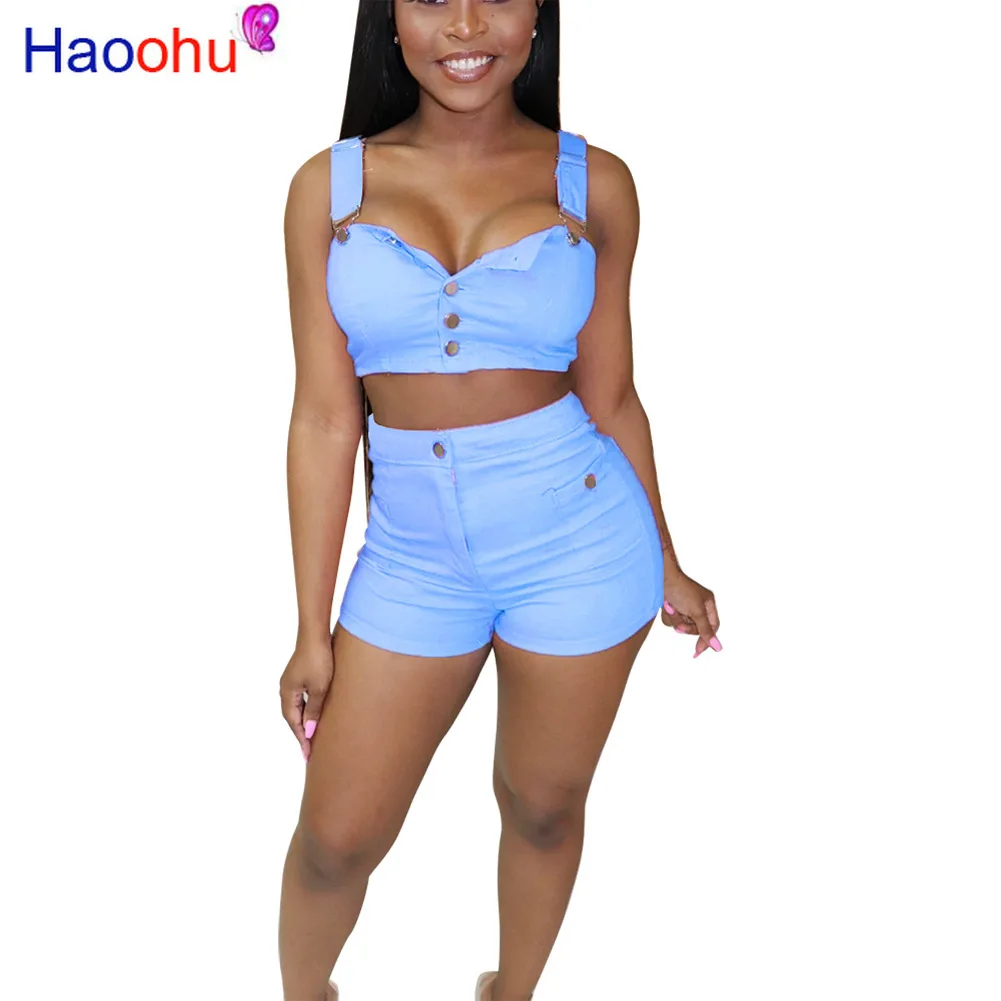 

Neon Color Denim Two Piece Set Summer Clothes For Women Spaghetti Strap Crop Top And Buttons Up Biker Short Plus Size Tracksuit