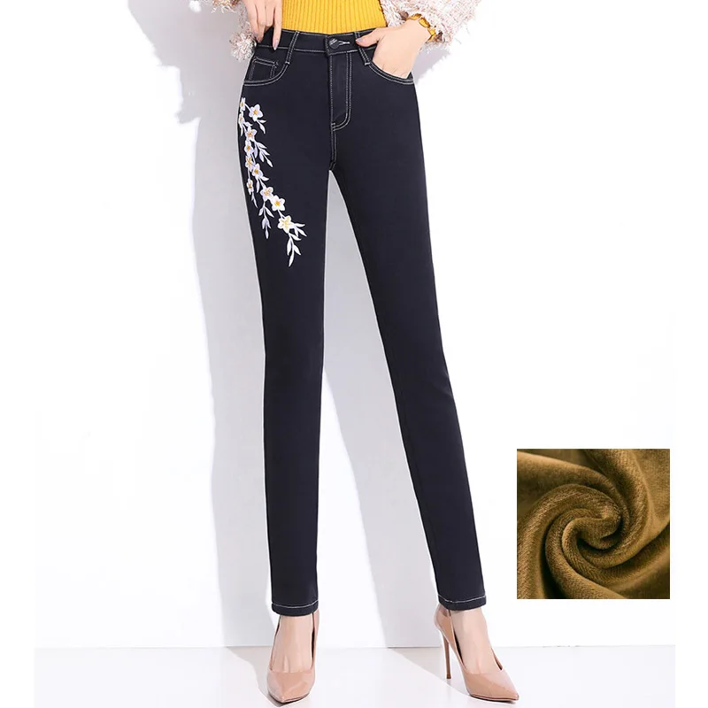 

FERZIGE Лидер продаж, брендовые джинсы, женские джинсы с высокой талией, обтягивающие, теплые, плотные джинсы для женщин, Hmbroidery, узкие брюки, ...