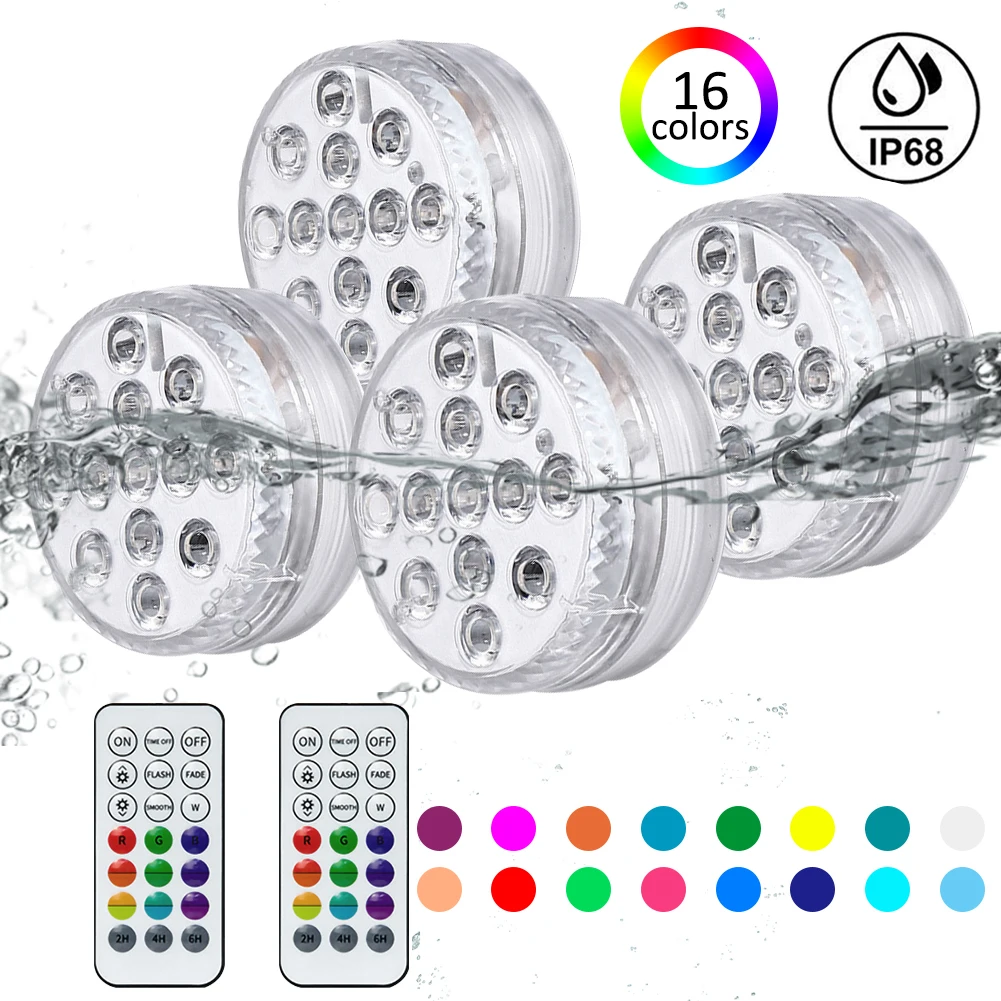 

1/4pcs 13 LED Pool Lighting IP68 Waterproof RF Remote Submersible Lights For Pond Fountain Aquarium Bathtub Underwater Lamp