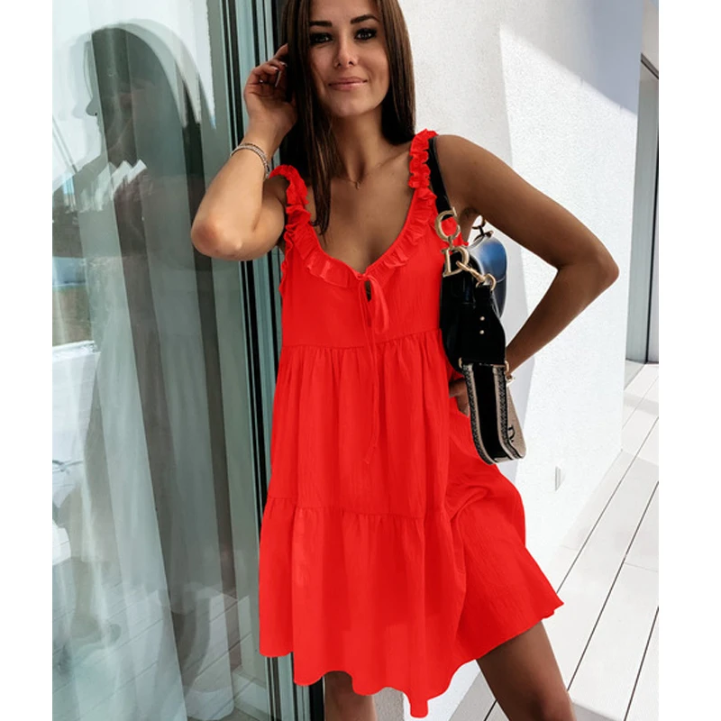 

Summer Women's Dress 2021 Casual Stitching Ruffles Sleeveless Sexy Backless Sundresses Ruffles Strap Mini Dress