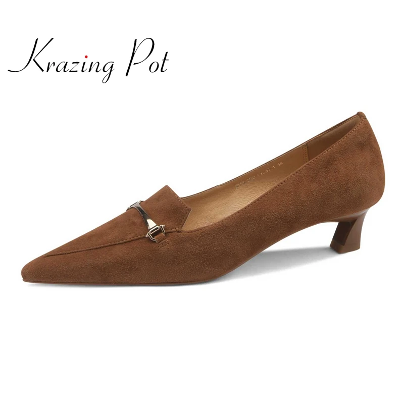 

Krazing Pot sheep suede pointed toe strange med heel metal decorations retro fashion slip on comfortable spring women pumps L59