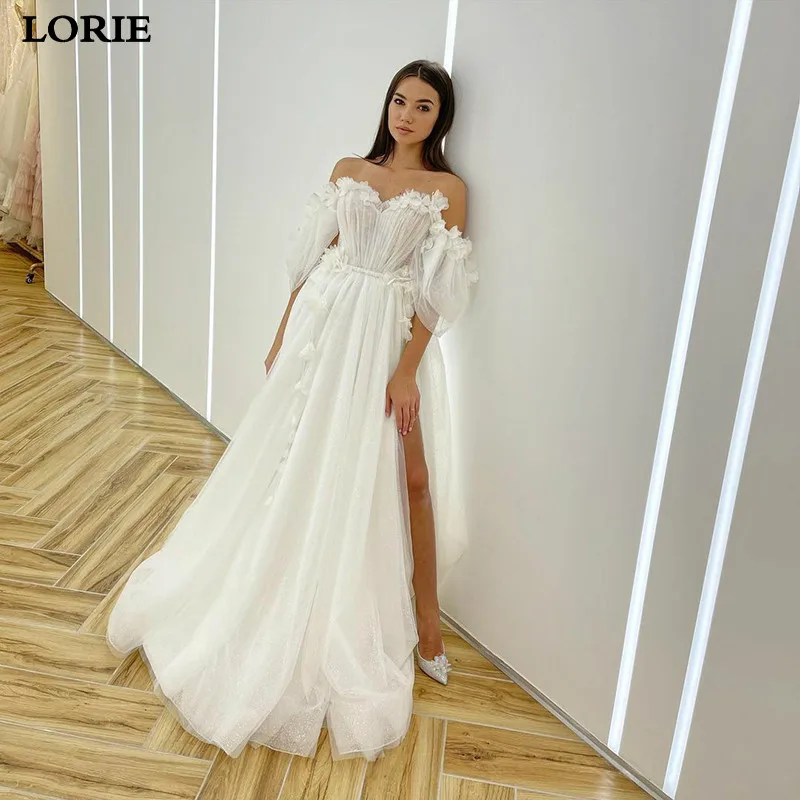 

Свадебное платье LORIE цвета слоновой кости, кружевное свадебное платье с аппликацией и 3D цветами, с открытыми плечами, в стиле бохо, из тюля, 2022