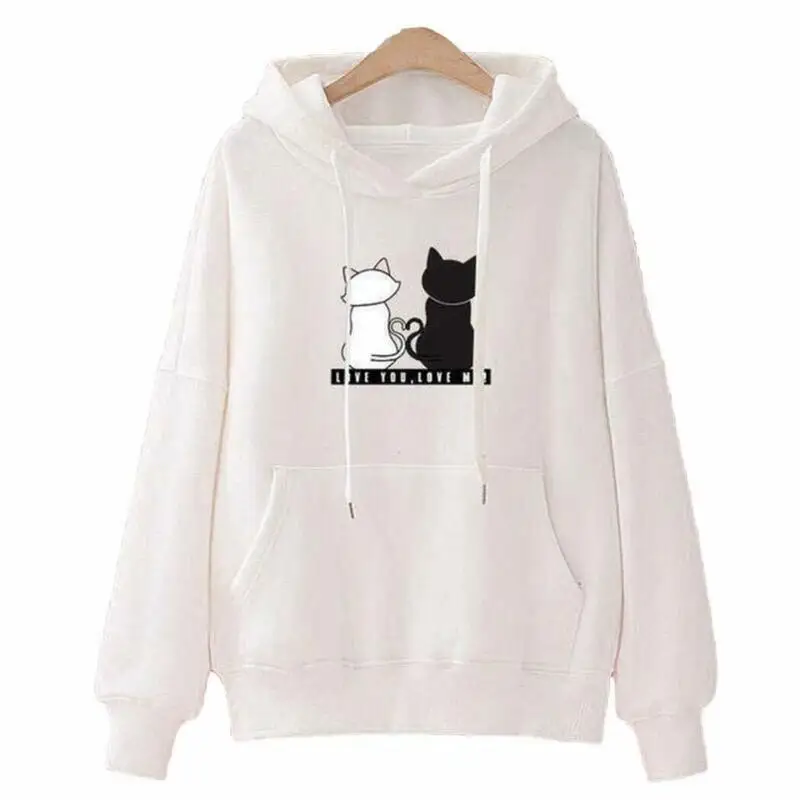 Women Long Sleeve Hoodie Sweatshirt Cat Print Cartoon Hooded Jumper Pullover Causal Tops Autumn Spring Clothes