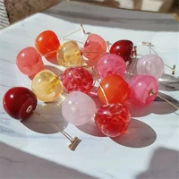 1pair cute simulation red cherry earrings piercing ear studs sweet resin gold color for women girl student fruit earring gift
