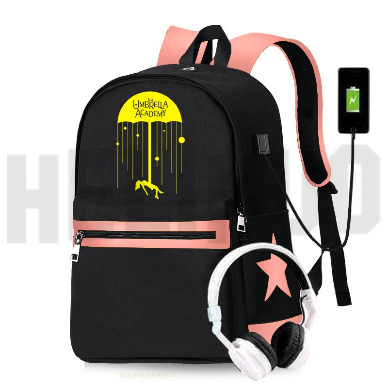 

The Umbrella Academy Backpack Women USB Charging Travel Bag Boys Bookbag Student Laptop with Stars School Bags for Teenage Girls