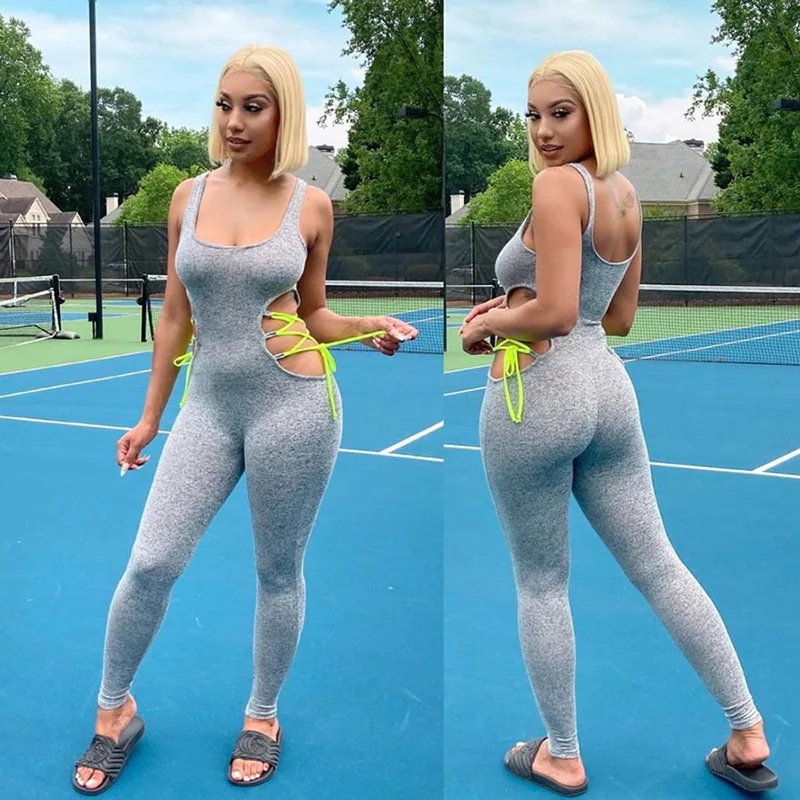 

One Piece Casual Women Sport Jumpsuit Hollow Out Lace Up Solid Sleeveless V Neck Femme Bodycon Long Pants Mujer Workout Clothing