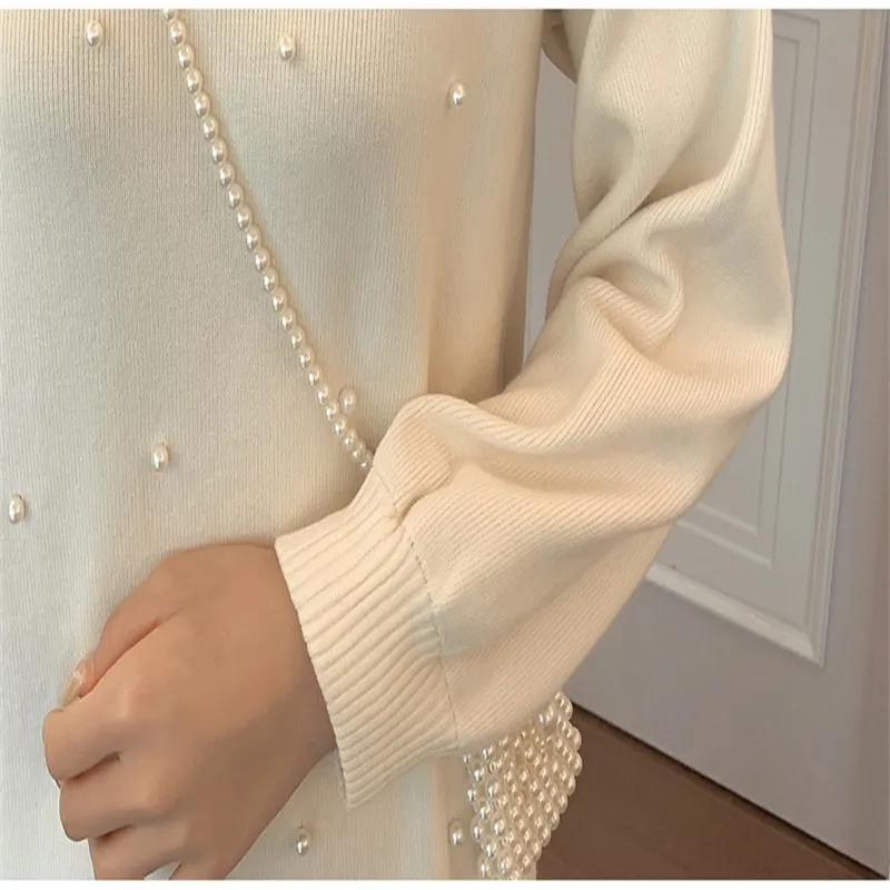 

Elegant Women Sweater Dress Autumn Spring Knitted Dress Lady Pearls2020New Long Sleeve Pull Femme Pullovers Patchwork Mesh M313