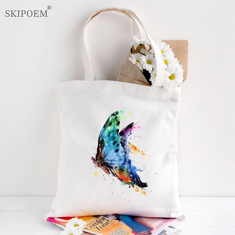 

Холщовая пляжная сумка на плечо, сумки для покупок, белый мессенджер, многоразовая Женская сумочка с бабочкой, Повседневная Милая мультяшна...