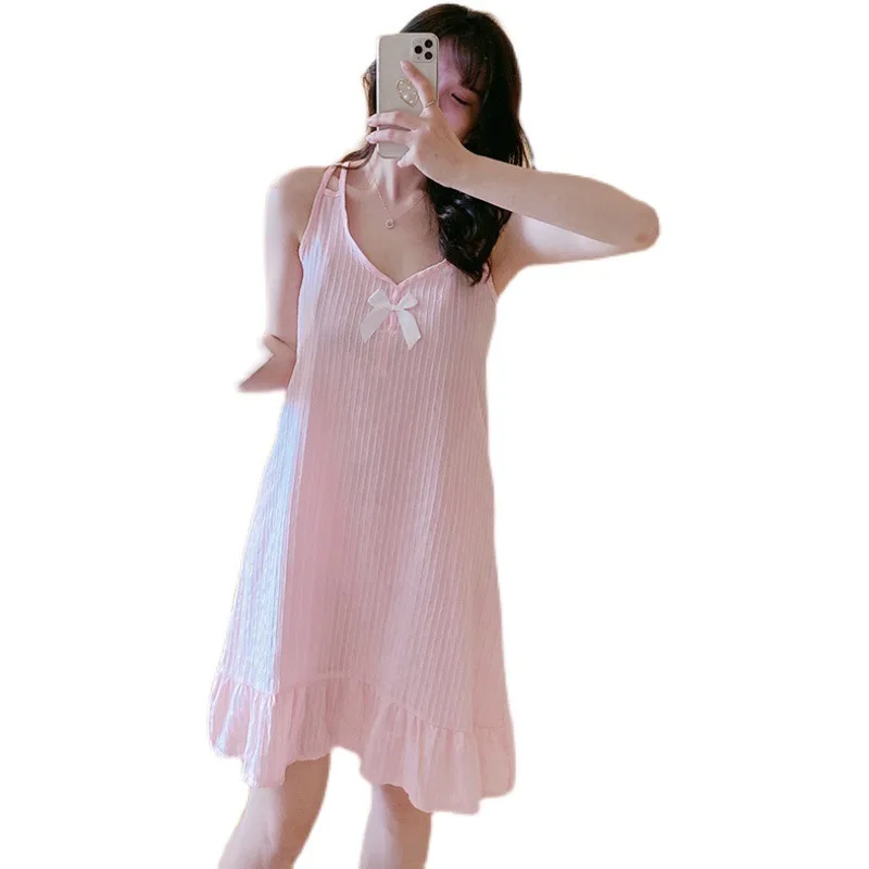 Summer New Style Women's Nightdress Solid Color Lovely Sweet Nightgown & Sleepstirts Korean Version Sling Skirt Home Clothes
