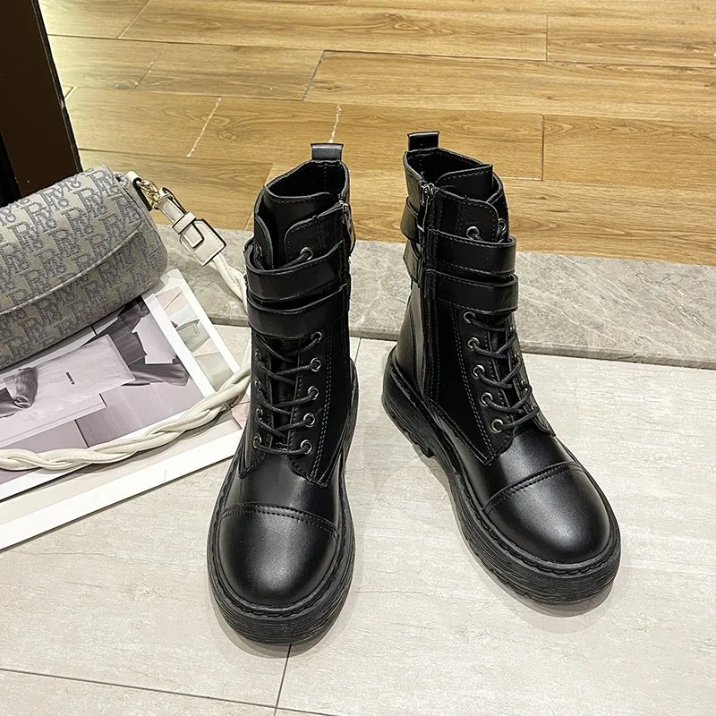 Platform women's ankle boots 2022 autumn and winter warm plush PU leather Botas Mujer platform lace-up shoes women