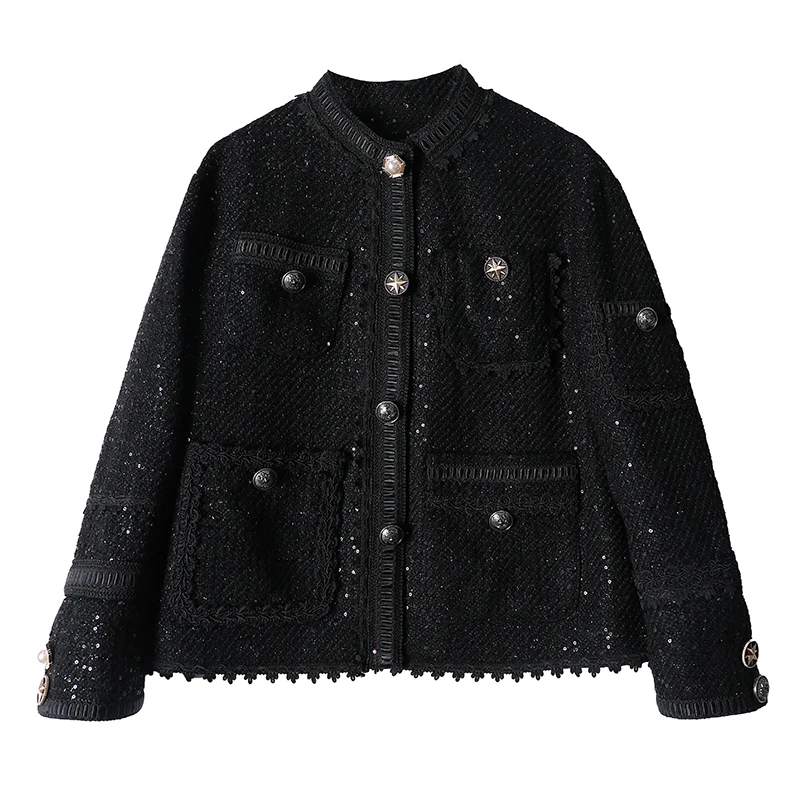 

Autumn New Women Tweed Jacket Designer Single Breasted Button Jacket O Neck Slim Fit Short Office Ladies Tassels Twill Coat