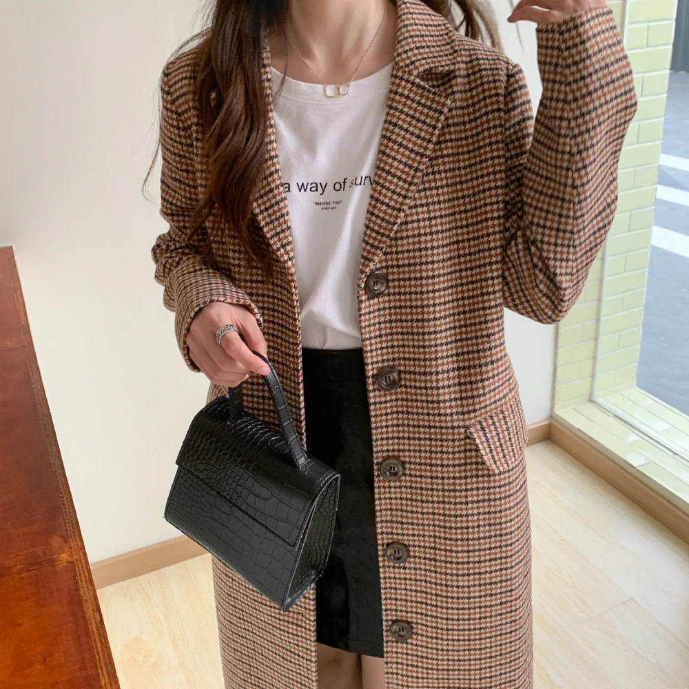 

2020 Women Winter Houndstooth Loose Single Breasted Long Wool Coat Woolen Overcoat Khaki Full Sleeve Cardigan Straight Jacket