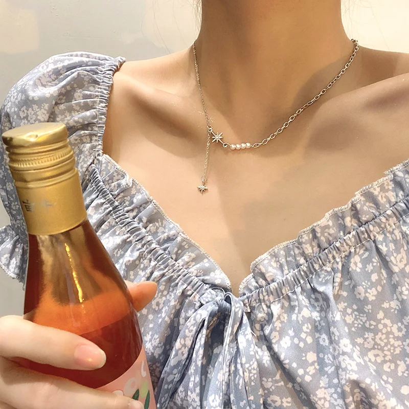 

Korean Style Pearl Stitching Star Pendant Retro Simple Winter Clavicle Chain Wedding Party Stainless Steel Jewelry Friend's Gift