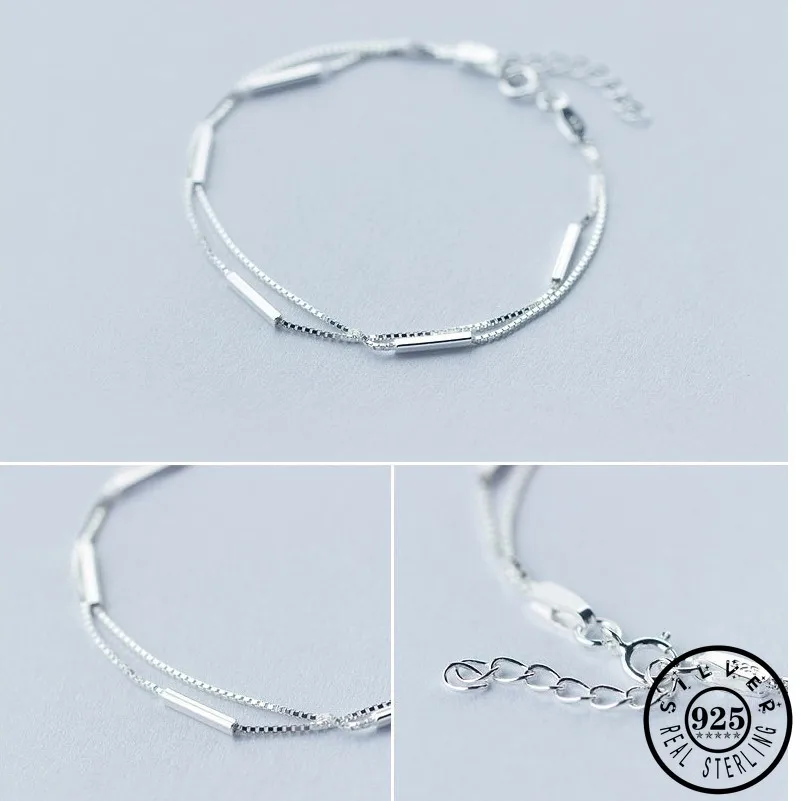 

100% 925 Sterling Silver Double Layer Box Chain Small Geometric Rectangle Bar Shape Charm Bracelets for Women