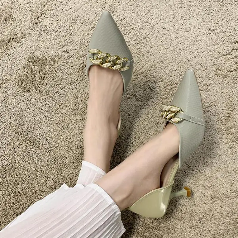 

Pumps Sandal For Women 2021 Summer New Metal Sandals Ladies Pointed Toe Shallow Thin Heeled Women's Shoes Sandalias Femininas