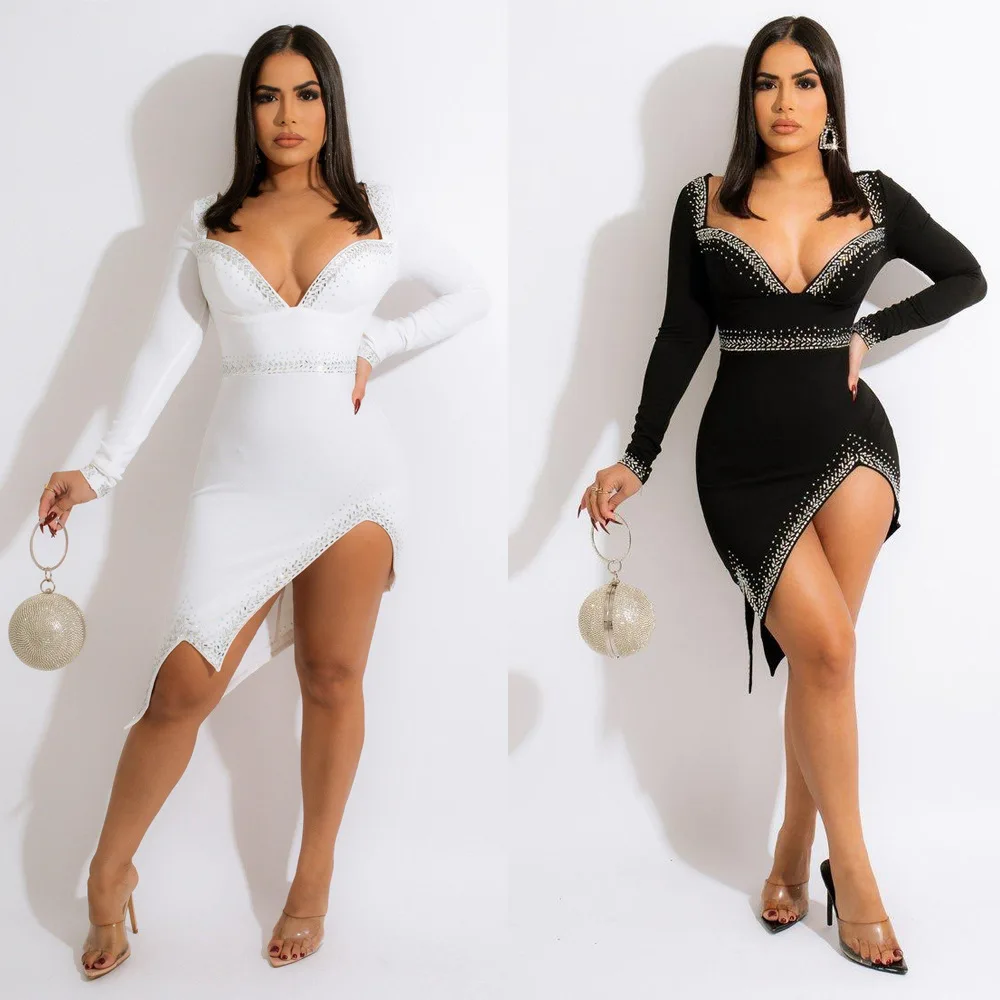 

Women Diamonds Hot Drill Plunging V-neck High Slit Bodycon Midi Dress Sexy Party Night Club Pencil Irregular Dresses