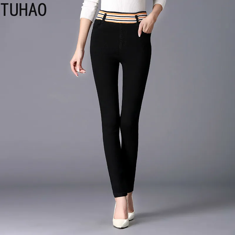 Женские Стрейчевые джинсы TUHAO черные брюки с высокой талией большие размеры 5XL 4XL