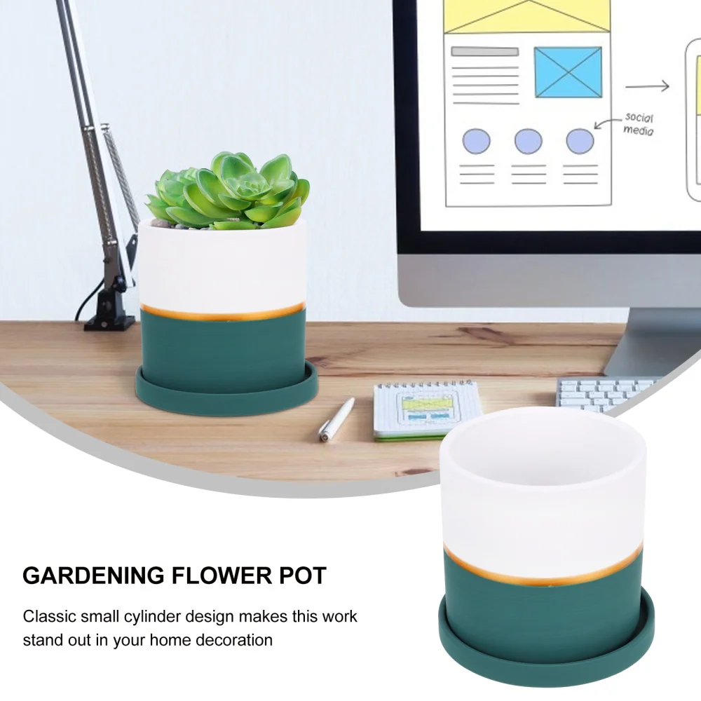 

Tabletop Flowerpot Decor Ceramic Plant Pot with Tray for Home Office (Green)