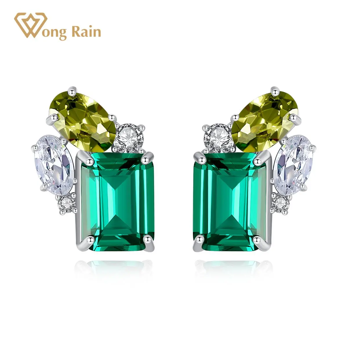 

Wong Rain 925 Sterling Silver Emerald Cut Emerald Peridot Created Moissanite Gemstone Wedding Ear Studs Earrings Fine Jewelry