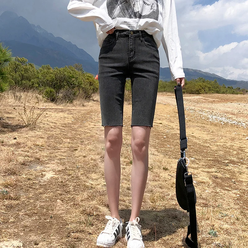 

2021 Summer Biker Shorts Women High Waist Slim Denim Jeans Booty Shorts Casual Vintage Retro Tassels Zipper Fashion Streetwear