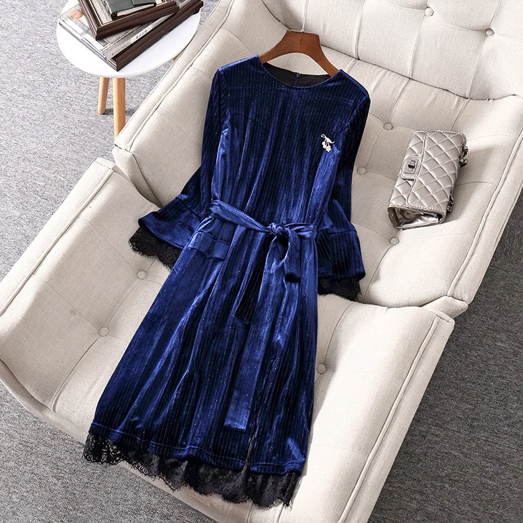 Autumn Winter Navy Blue Casual Velvet Women Long Sleeve Solid Elegant Dress Women Plus Size Dinner Dresses for Women Robe