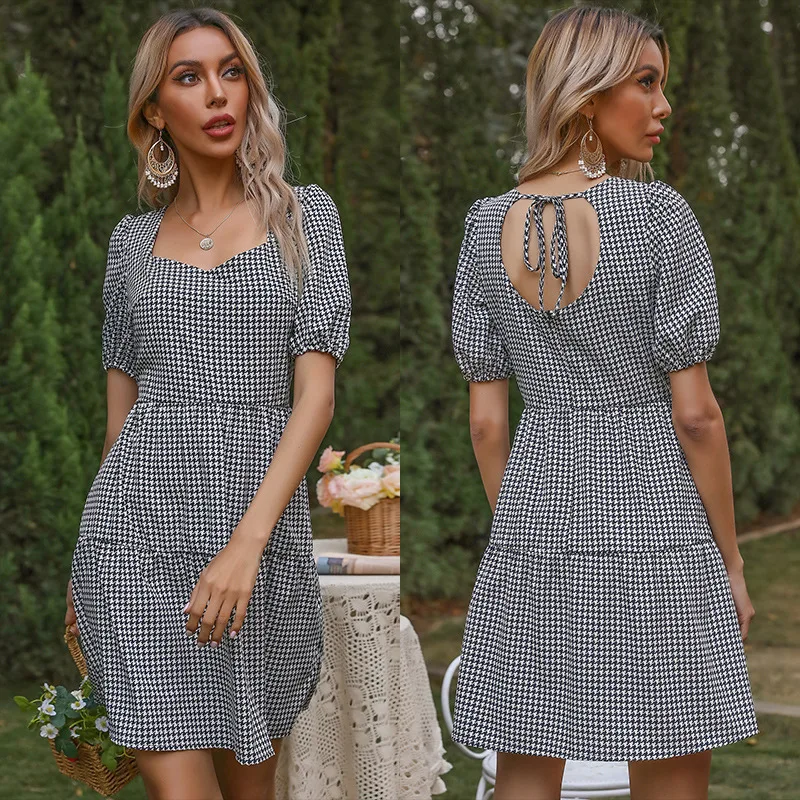 

LINCHEN Women Dress Short Sleeve V Neck Plaid Print A-Line Dress 2021 Summer Fashion Regular Frenulum Female Office Lady Dress