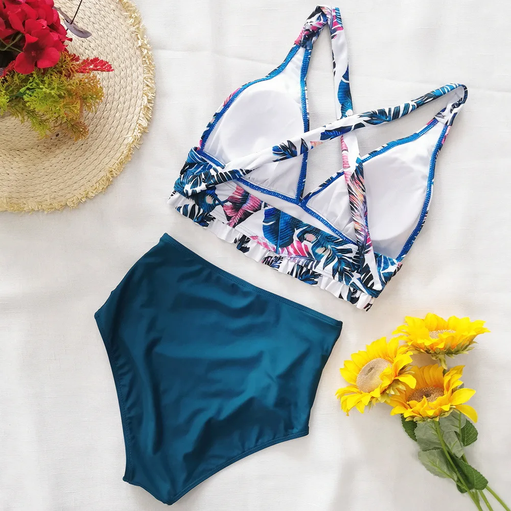 

2020 new style swimming suit split swimsuit female high waist pleated printing cross-border export foreign trade swimsuit women