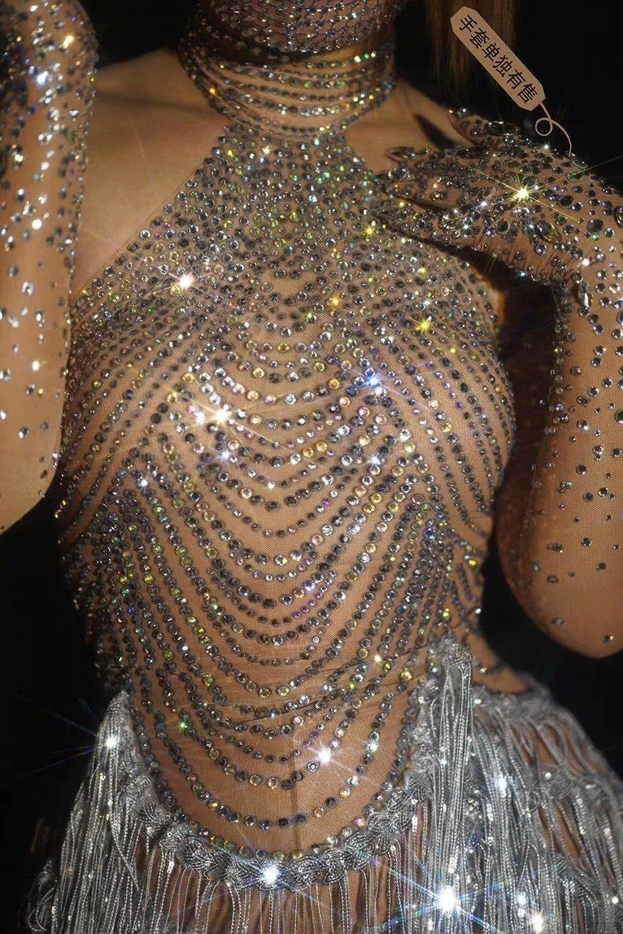 

NEWShiny rhinestone tassel woman's Clothing classic dance costume Bodysuit women Party dress DS DJ Nightclub performance suit