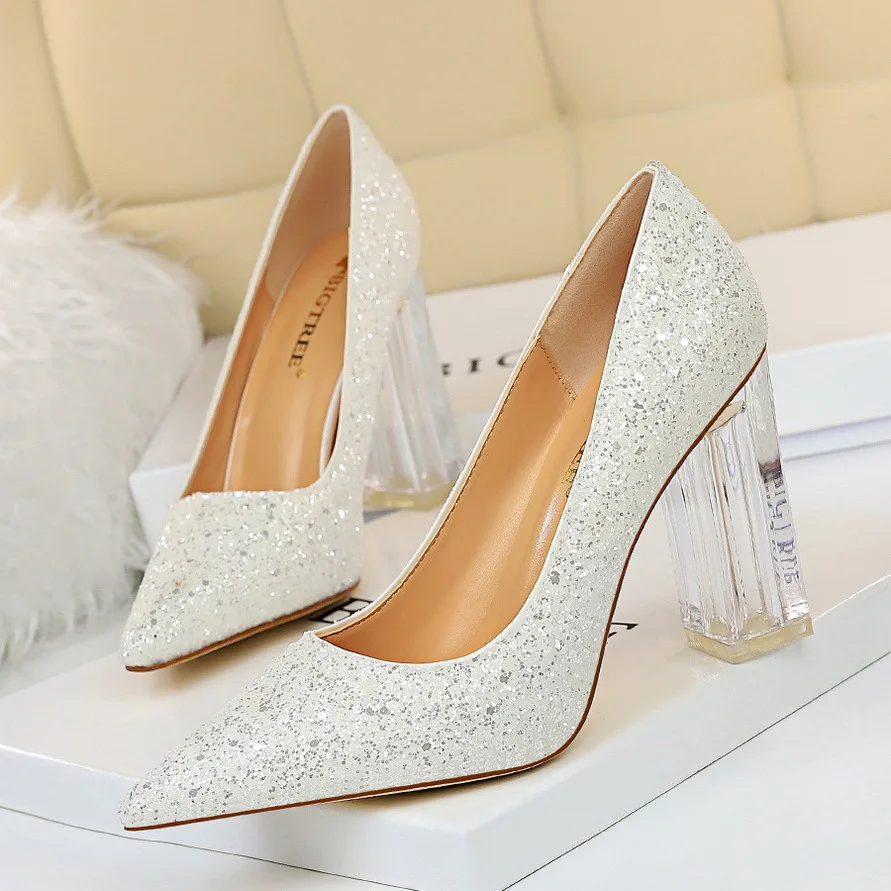 European and American fashion transparent crystal thick high-heeled shallow mouth pointy sexy nightclub sparkling sequined shoes